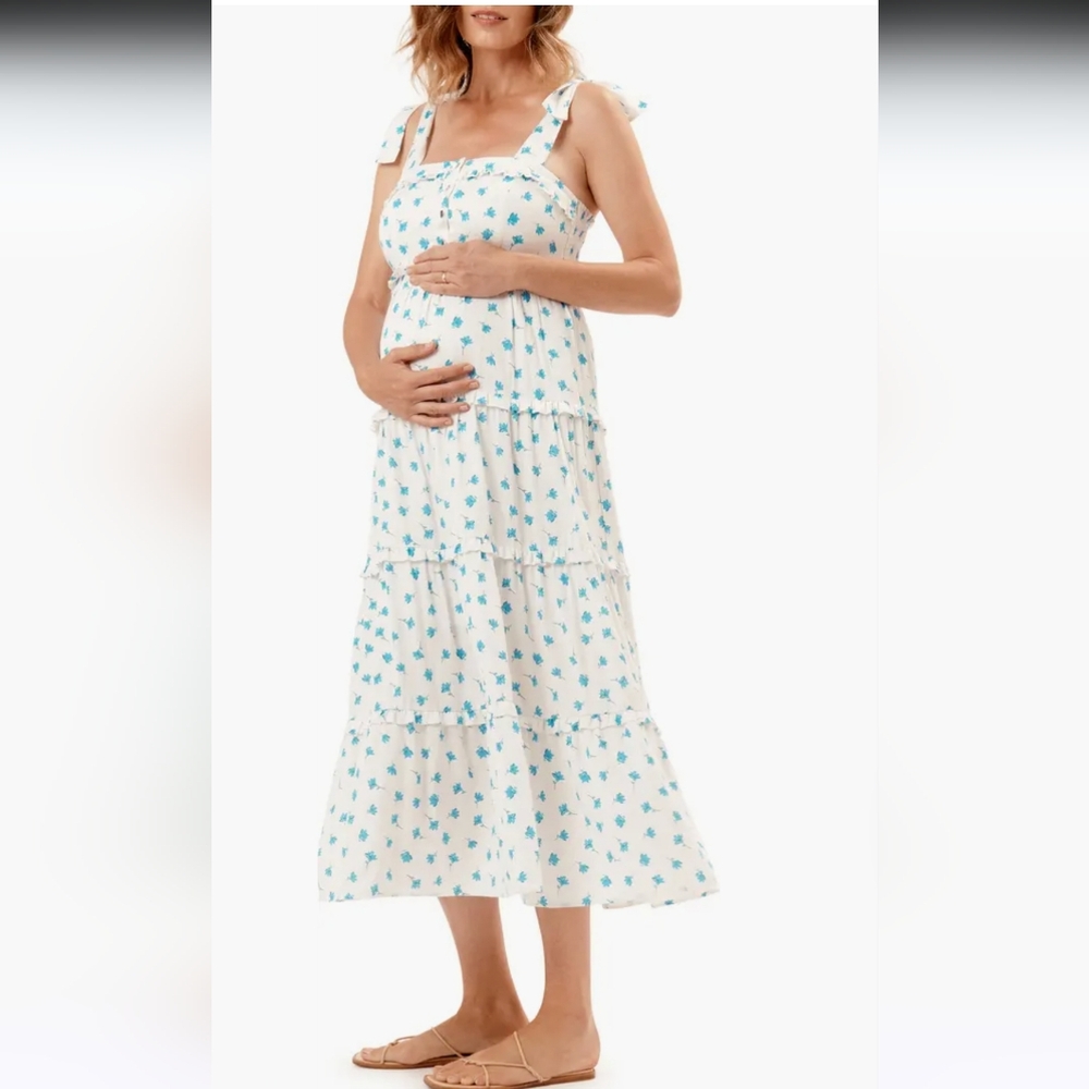 Nom Maternity White and Blue Floral Maxi Dress